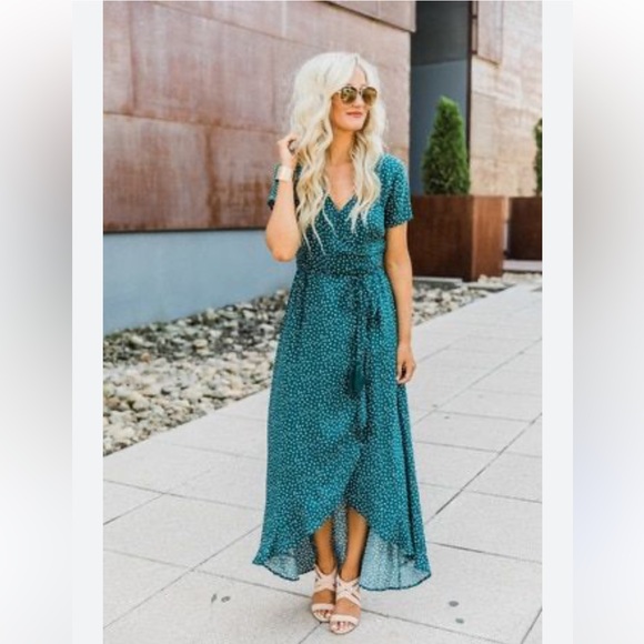 Pink Lily Dresses & Skirts - Pink Lily Teal Blue Green Polka Dot Wrap Maxi Dress Large